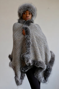 LFB-0974 - Grey base Wool Shawl with Grey fur trimmings