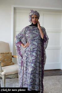 LFB-1013 - Purple & Gold Silk Print Kaftan with Scarf