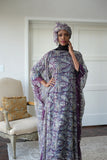 LFB-1013 - Purple & Gold Silk Print Kaftan with Scarf