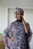 LFB-1013 - Purple & Gold Silk Print Kaftan with Scarf