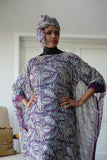 LFB-1013 - Purple & Gold Silk Print Kaftan with Scarf