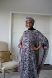 LFB-1013 - Purple & Gold Silk Print Kaftan with Scarf