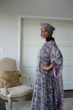 LFB-1013 - Purple & Gold Silk Print Kaftan with Scarf