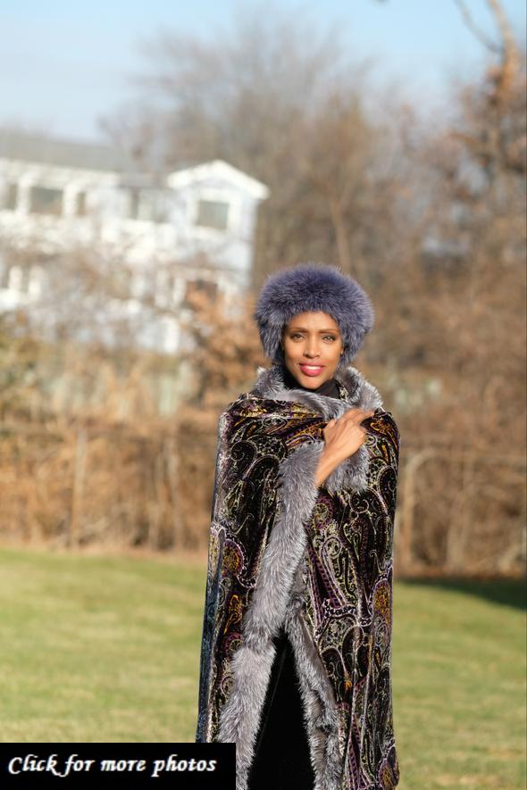LFB-2008 - Paisley Silk Velvet Shawl with Grey Fur-trimmings