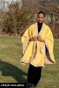 LFB-2003 - Yellow Fur-trimmed Reversible Cashmere Shawl