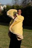 LFB-2003 - Yellow Fur-trimmed Reversible Cashmere Shawl